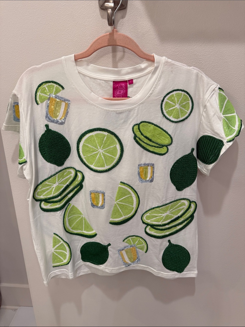 QUEEN OF SPARKLES White Short Sleeve Tee with Lime and Green Citrus Appliques